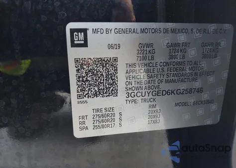 2019 Chevrolet Silverado 1500 Ltz z USA, uszkodzony, nr VIN 3GCUYGED6KG258746